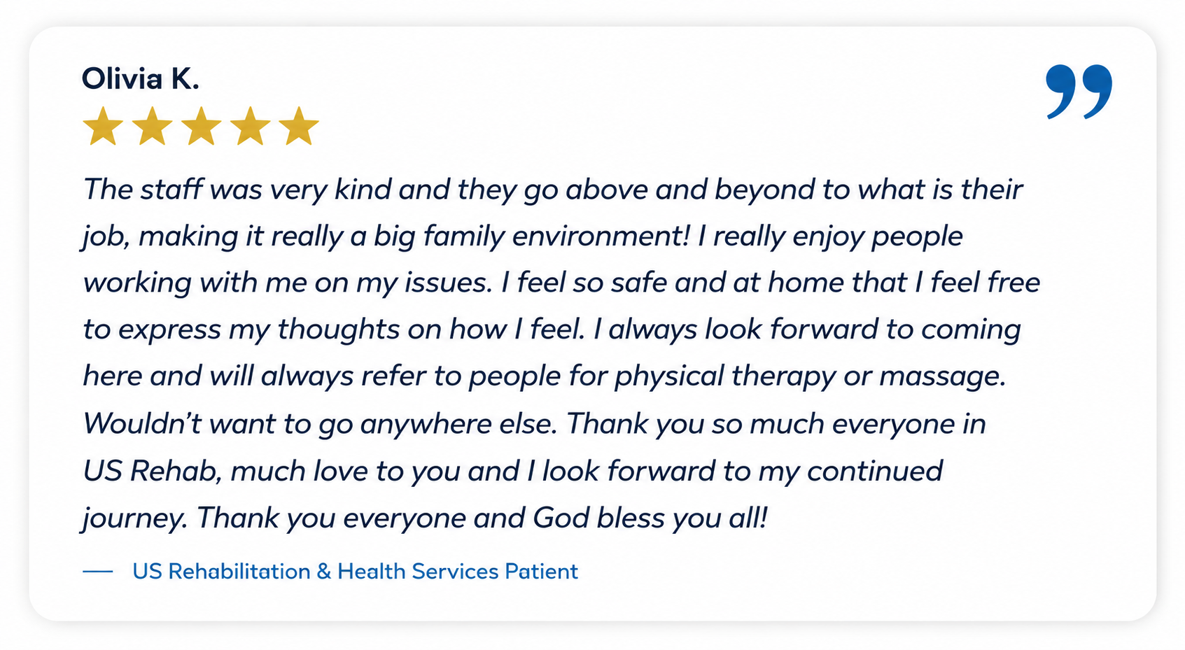 US Rehabilitation patient testimonial